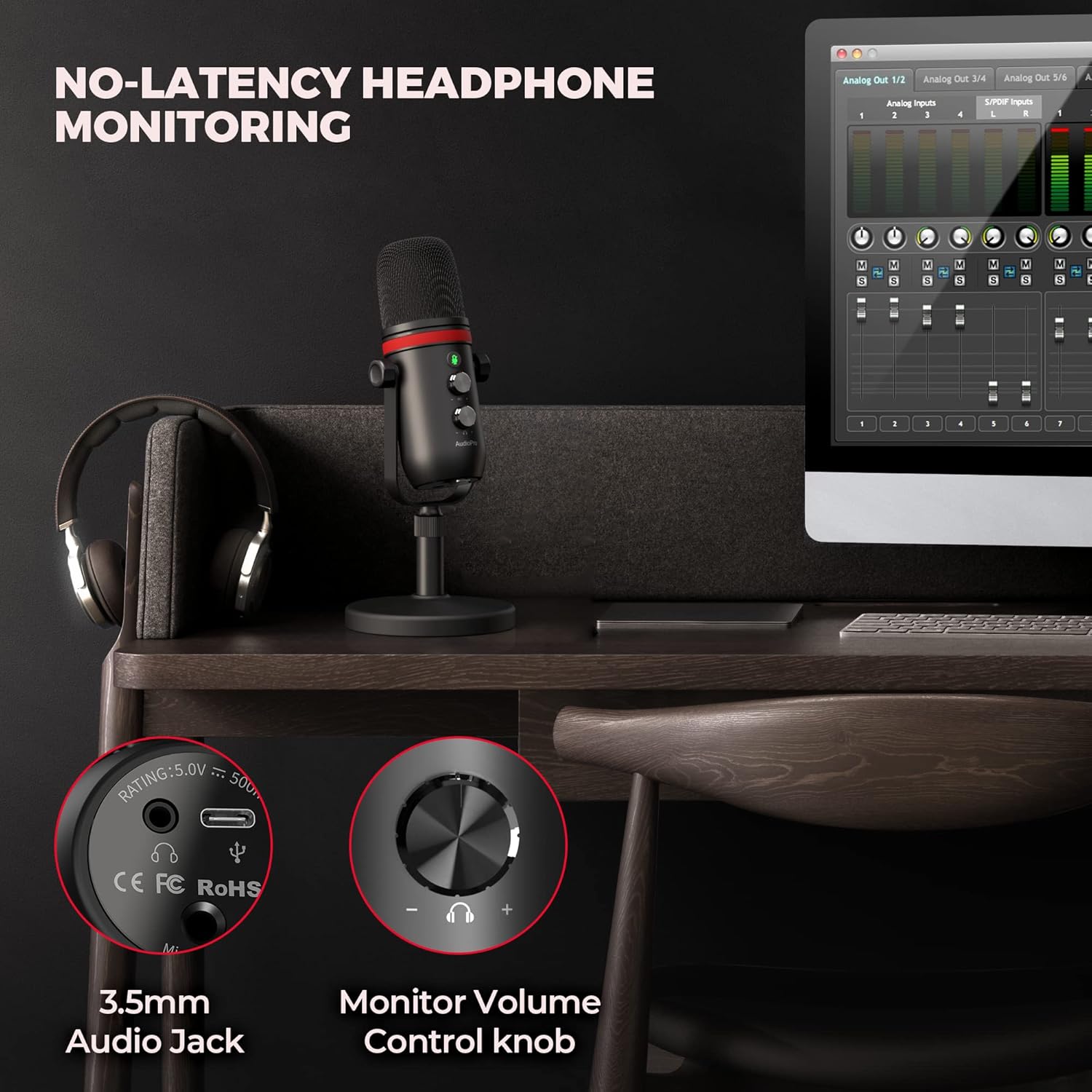 USB Microphone - AUDIOPRO Computer Condenser Gaming Mic for PC/Laptop/Phone/PS4/5, Headphone Output, Volume Control, USB Type C Plug and Play