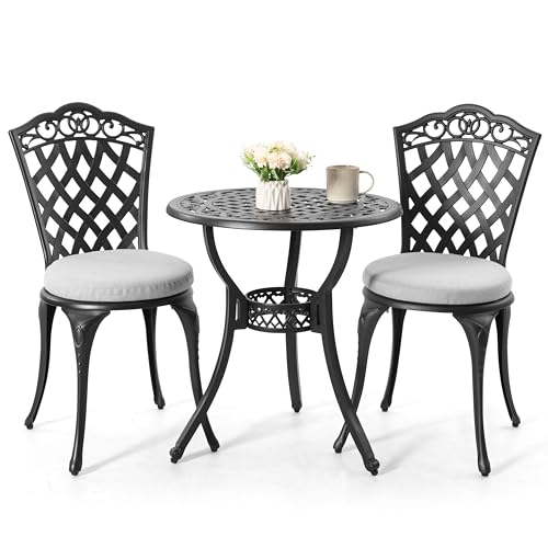 NUU GARDEN 3 Piece Bistro Set Outdoor, All Weather Cast Aluminum Patio Bistro Sets Patio Table and Chairs Set of 2 with Umbrella Hole for Yard