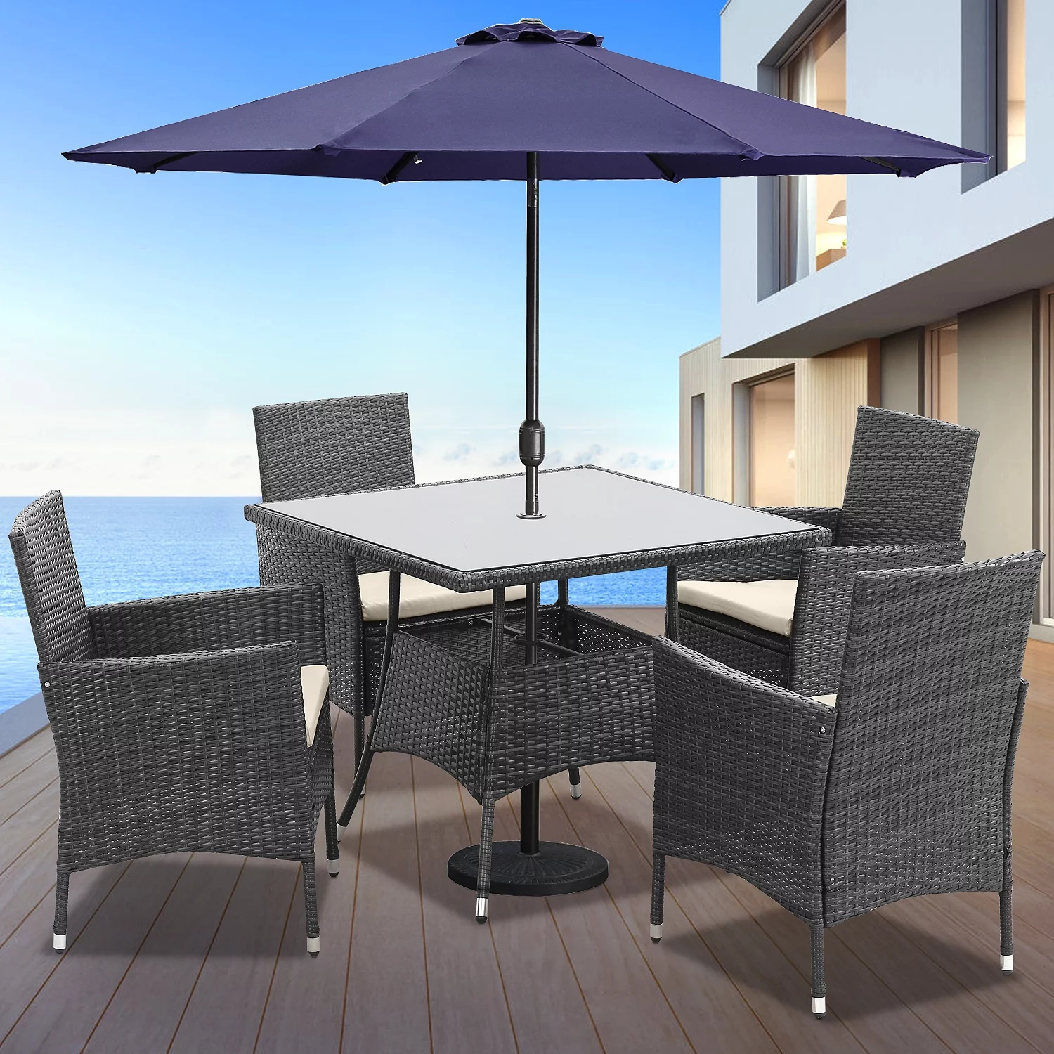 CozyHom 5 Pcs Outdoor Patio Wicker Furniture Dining Table Sets, Sectional Conversation Glass Dining Table Chairs Set for 4 with Umbrella Hole, Grey
