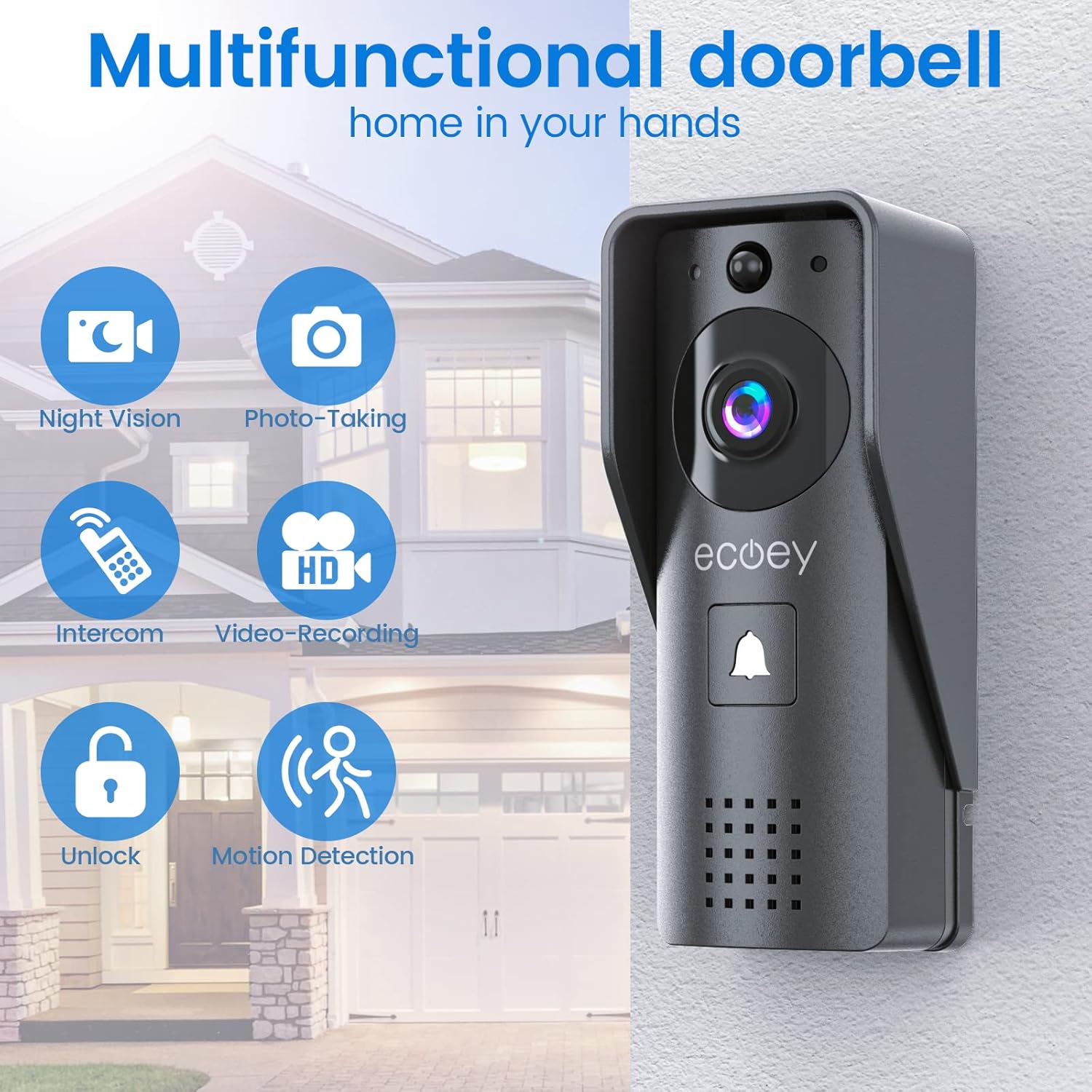 Ecoey Video Doorbell Camera, Smart Wi-Fi Doorbell Camera with Two-Way Audio, Video Doorbell with 1080P HD, PIR Motion Detection, Removable TF Card