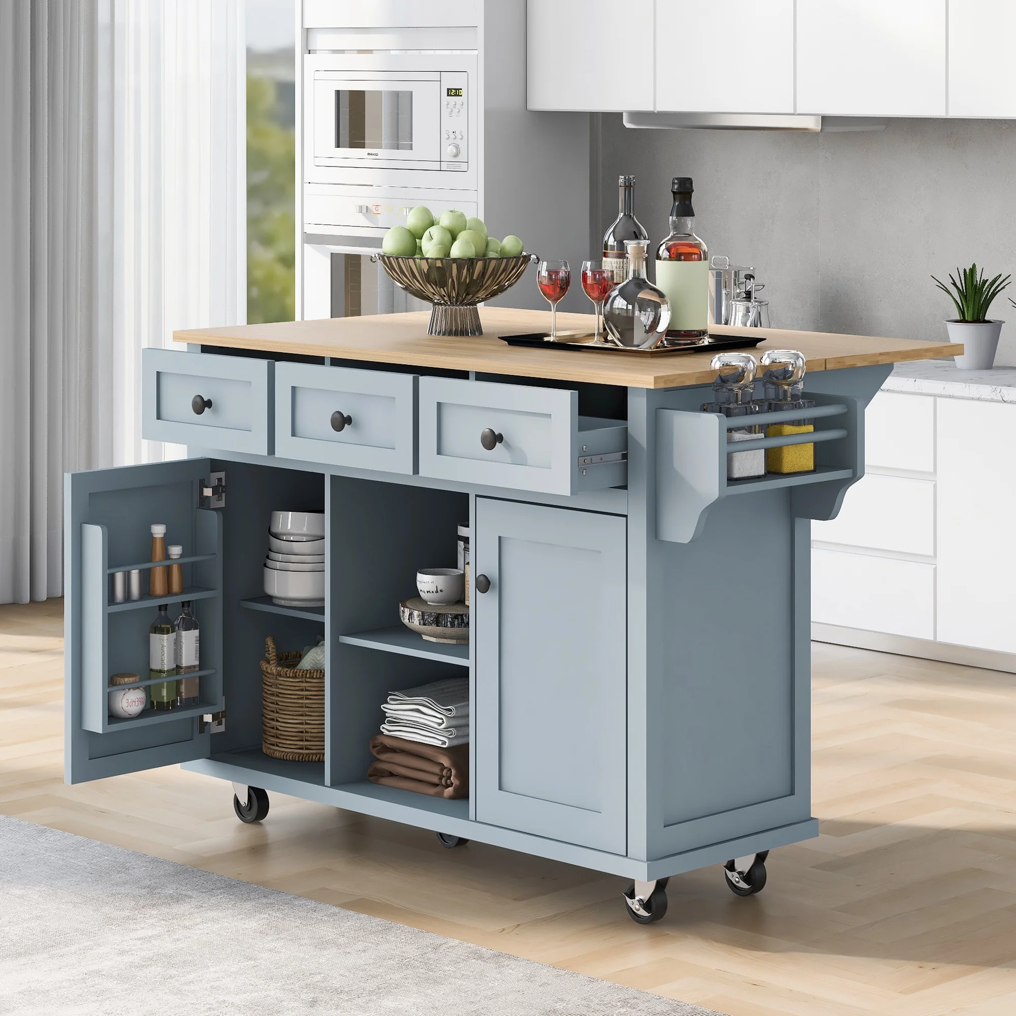 Momspeace Kitchen Island Cart with wheels and Rubber wood Drop-Leaf Countertop,Cabinet door internal storage racks