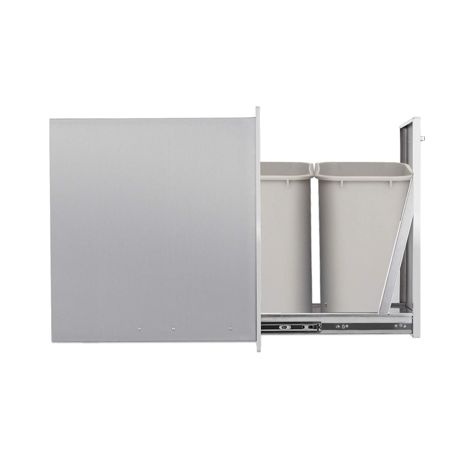 Pull-Out Double Trash Drawer Stainless Steel Outdoor Kitchen Trash Drawer Storage for Two 10 Gallon Commercial Wastebaskets