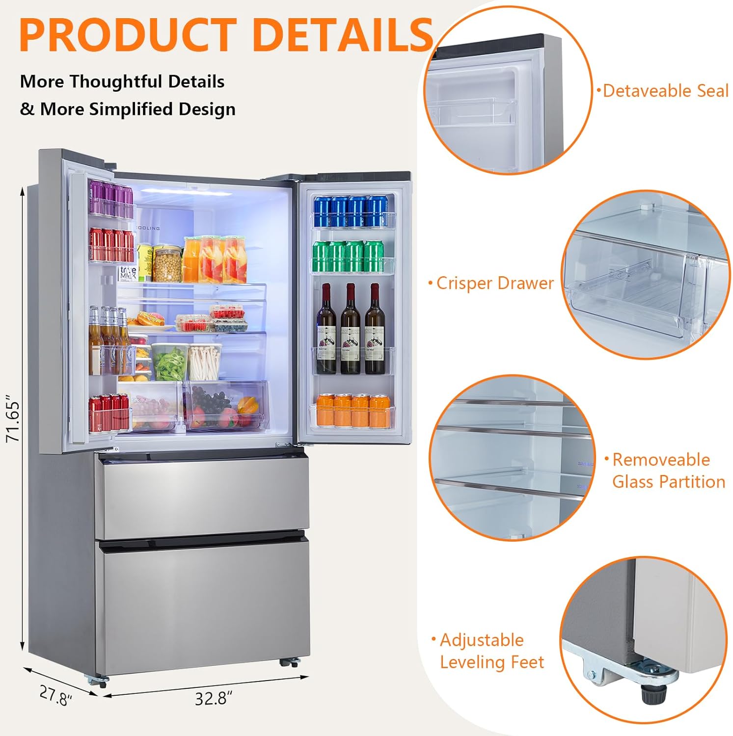 French Door Refrigerator, 18.8 Cu.Ft. Counter Depth Stainless Steel Refrigerators, 4 Door Fridges Full Size Bottom Freezer Kitchen Fridge