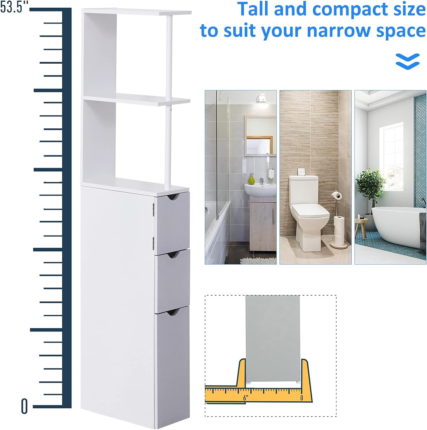 HOMCOM 54 Tall Bathroom Storage Cabinet, Freestanding Linen Tower with 2-Tier Shelf and Drawers, Narrow Side Floor Organizer, Grey and White