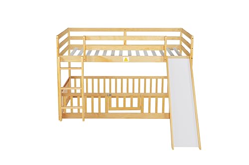 Full-Over-Full Castle Style Bunk Bed with 2 Drawers and 3 Shelves, Wood Bunk Bed Frame with Slide and Storage Staircase for Kids Teens Boys Girls