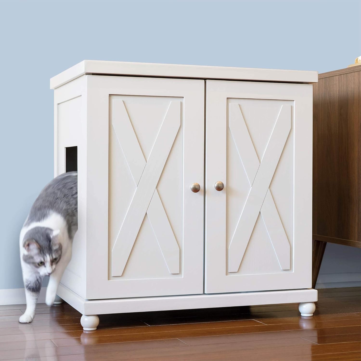 THE REFINED FELINE Cat Litter Box Enclosure Cabinet, Hidden Litter Tray Cat Furniture, Large, Farmhouse Style, White Color