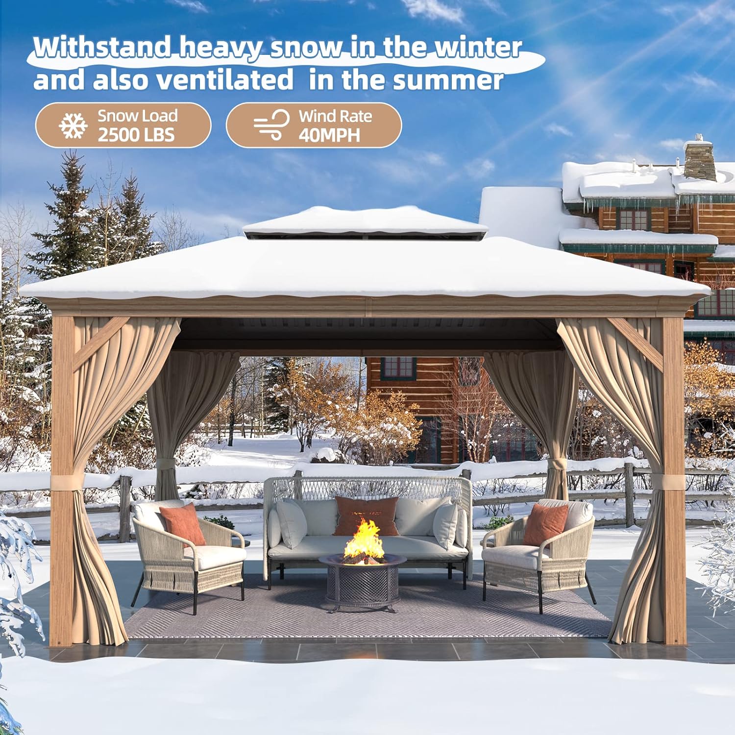 MELLCOM 10' x 12' Hardtop Gazebo, Wooden Finish Coated Aluminum Frame Gazebo with Galvanized Steel Double Roof