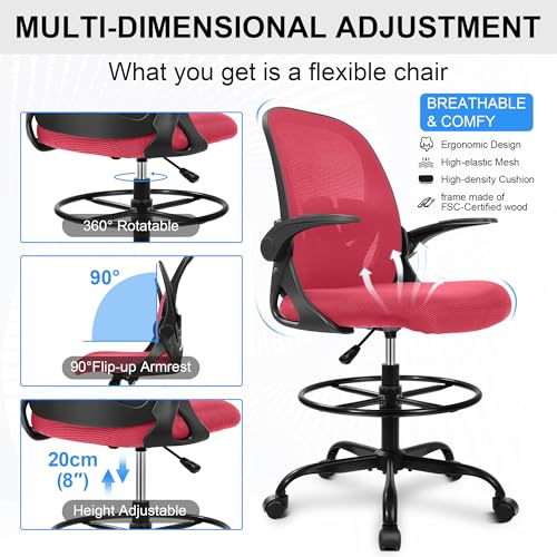 Primy Drafting Chair Tall Office Chair with Flip-up Armrests Executive Ergonomic Computer Standing Desk Chair with Lumbar Support and Adjustable