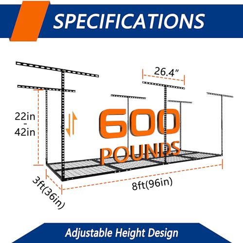 3 x 8FT Overhead Garage Storage Rack,Adjustable Ceiling Storage Racks,Garage Shelving Heavy Duty Storage Organizer System