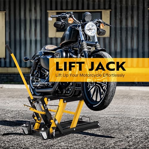 VIVOHOME Hydraulic Motorcycle Lift Jack 1500 LBS Capacity Steel ATV Lifts Stand Hoist with Wheels and Handle for Motorcycles, ATVs, Dirt Bikes Red