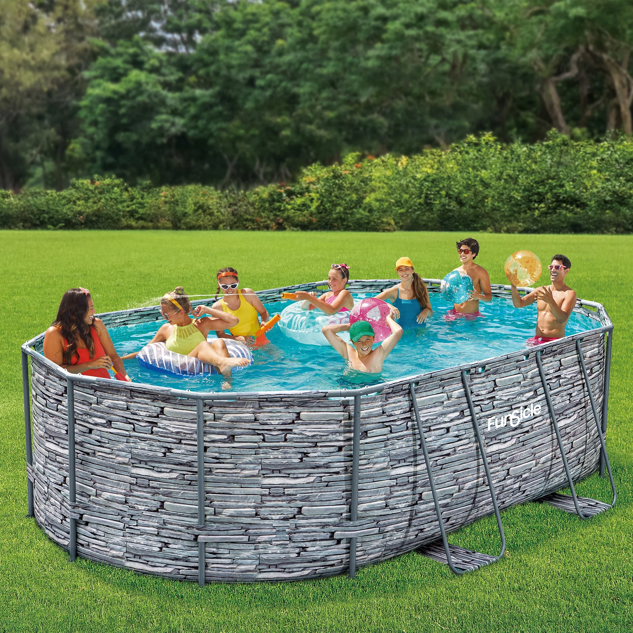 Funsicle 16 ft Oval Oasis Designer Pool, Above Ground Frame Swimming Pool, Stone Print, Age 6 & up