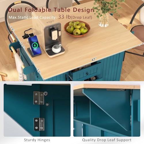 Kitchen Island with 2 Drop Leaf, Home Cart Island on Wheels Foldable Dining Table with Power Outlets,3 Drawers,Storage Cabinet, Tower Rack(Black)