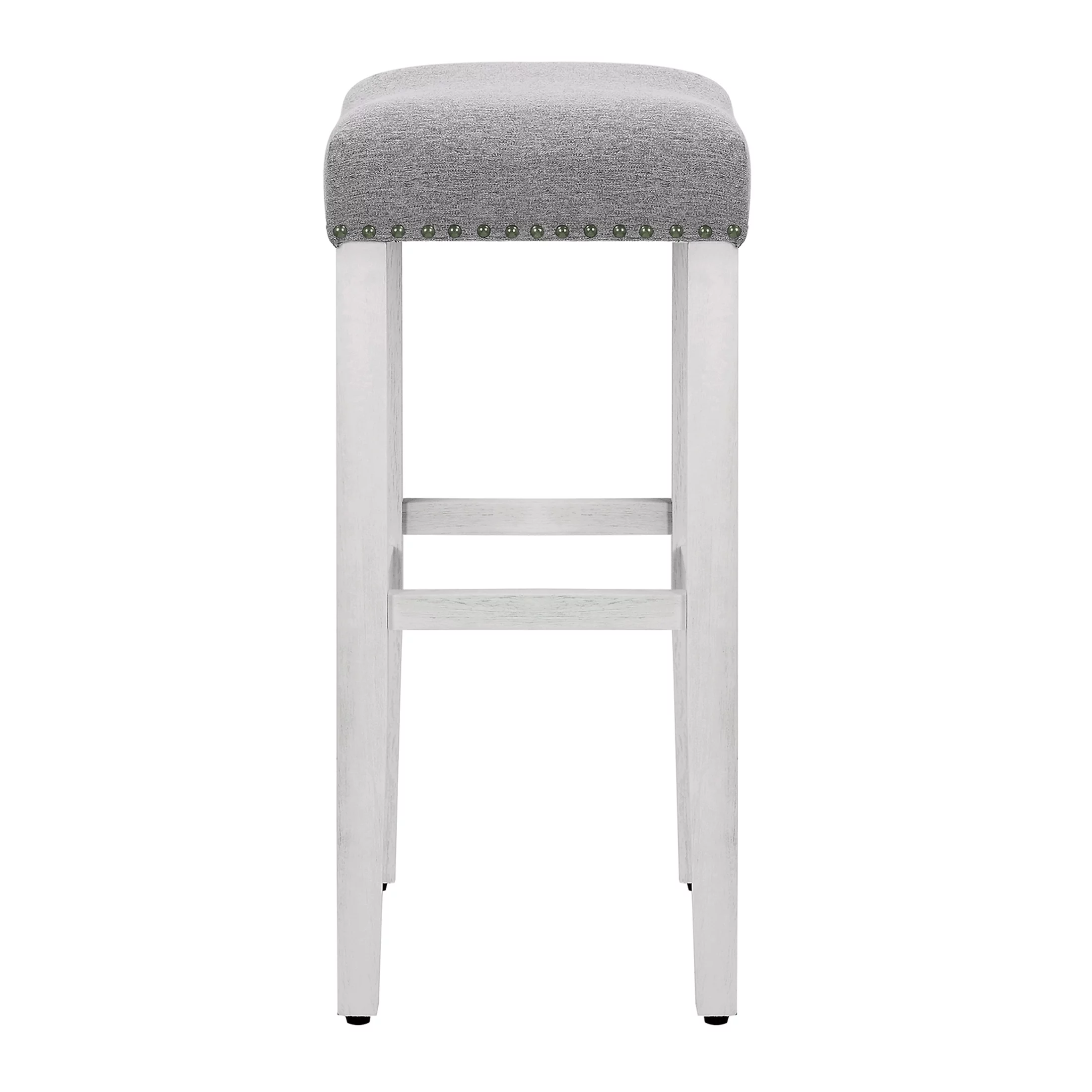 WestinTrends Barstools Bar Height Set of 2, 29" Farmhouse Kitchen White Wooden Saddle Stool Chair, Linen Upholstered Cushion with Solid Wood Leg, Gray