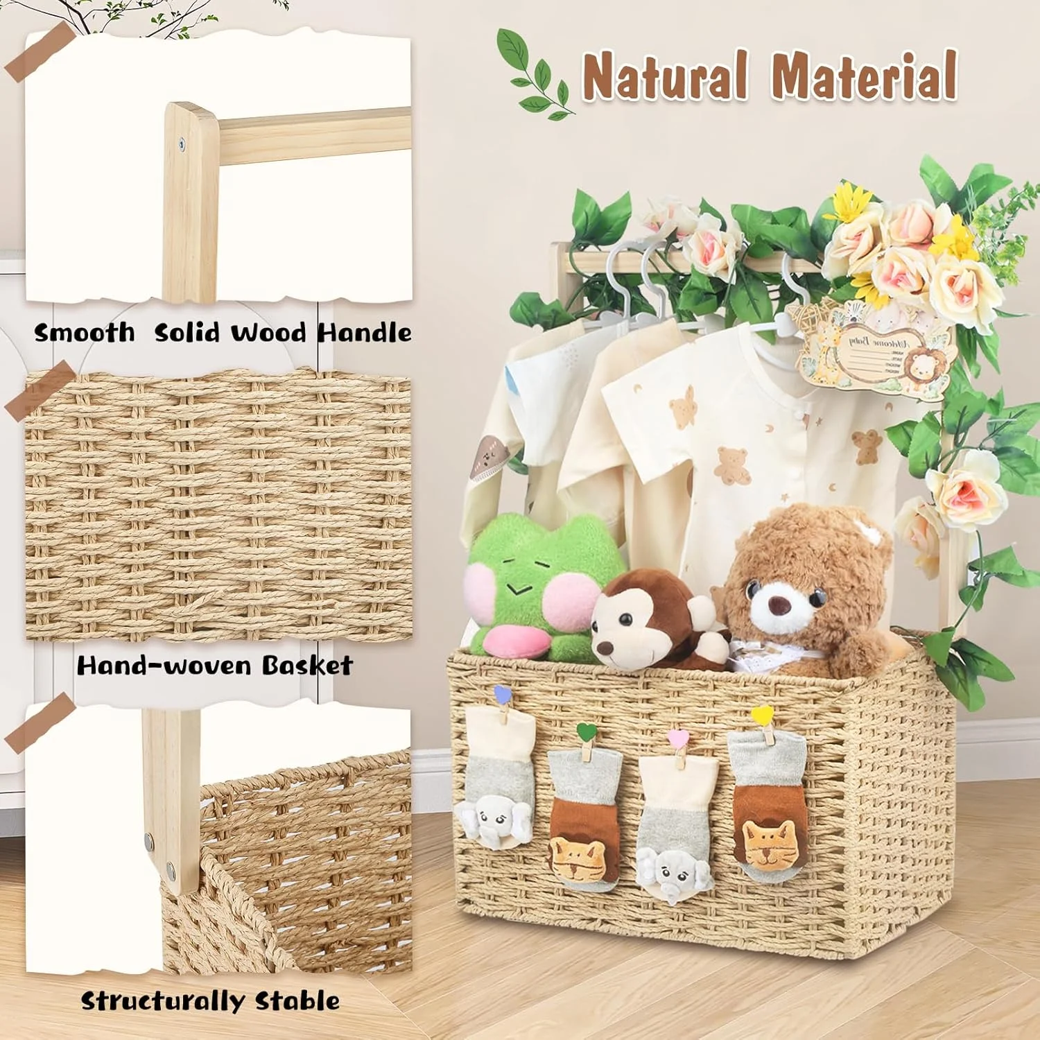 Wooden Baby Shower Crate Closet, Foldable Handwoven Storage Basket for Baby Shower Gifts, Welcome Gift Basket for Newborn Boys Girls