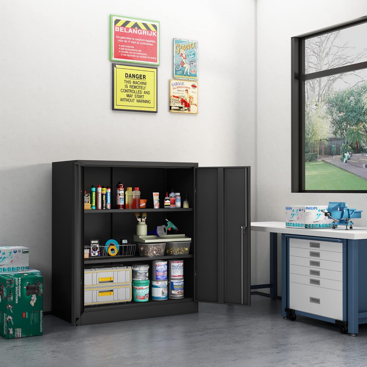 Tool Cabinet, Locking Metal Storage Cabinet with Adjustable Shelves, Small Garage Storage Cabinet for Home Office, Black, W36'' x D18'' x H41.6''