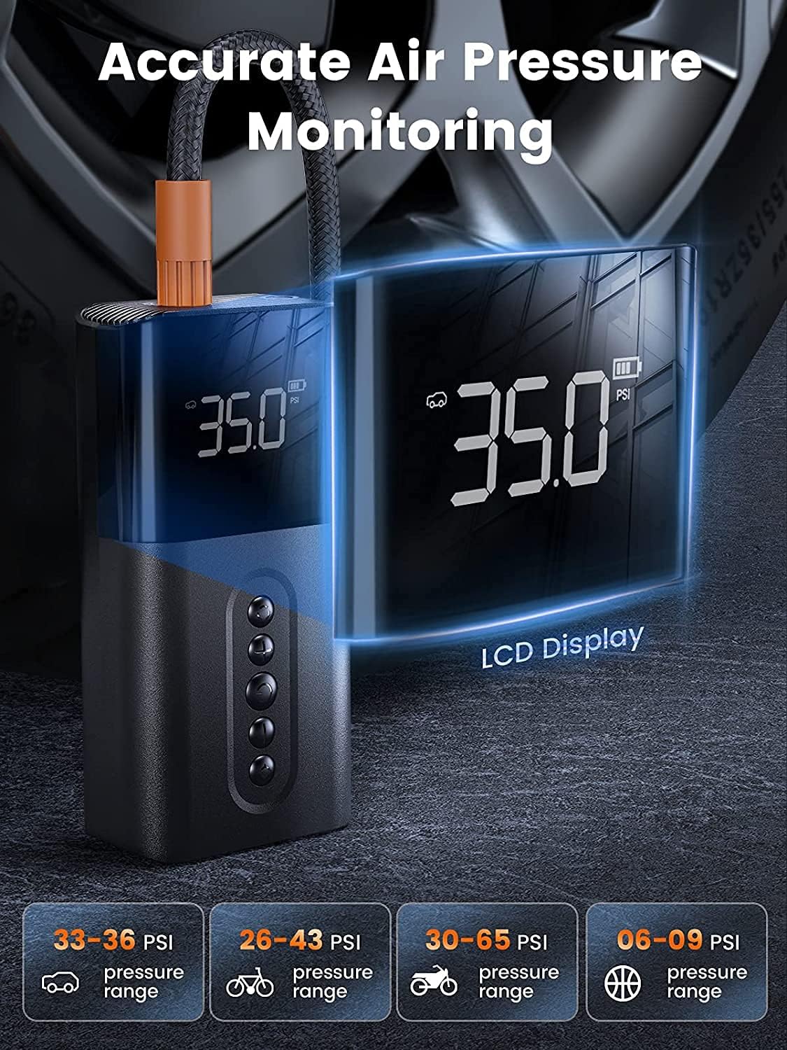 Trudin Tire Inflator Portable Air Compressor [2022 Upgrade], [150PSI Fast Inflate] Cordless Air Pump for Car Tires with 6000mAh Battery LED Light