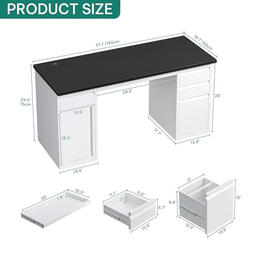 YITAHOME Office Desk with 5 Drawers, Executive Desk with Power Outlets, 57 Inch Computer Desk with File Cabinet, Keyboard Tray