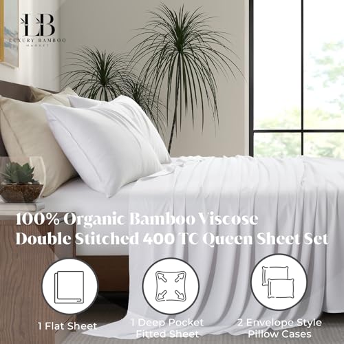 Luxury Bamboo Market | Queen Size Bed Sheet Set | 100% Viscose Made from Bamboo | Organically Grown | Ultra Soft | Cooling Sheets for Hot Sleepers |