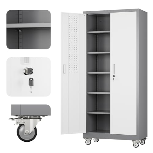 Aobabo 71" H×32" W×16" D Metal Storage Cabinet with Wheels, Garage Steel Storage Cabinet with 5 Adjustable Shelves and 4 Hooks for Home Office