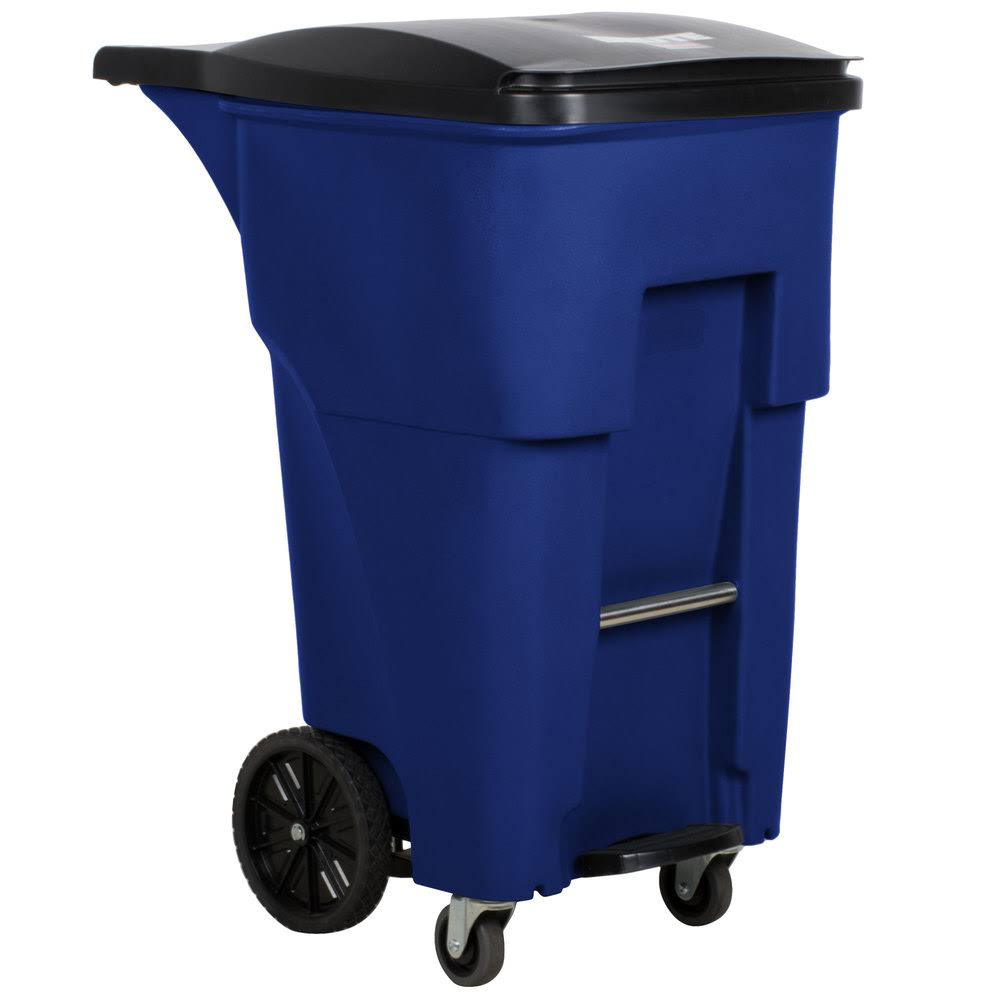 Rubbermaid 65 gal., Rectangular, Rollout Trash Can, Plastic, Blue 1971976