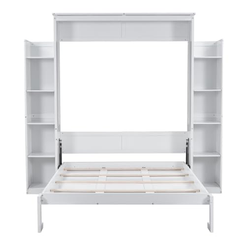 Queen Size Murphy Bed with Desk & Charging Station,Wall Bed Frame Folding into Cabinet Design w/LED & Storage Shelf for Small Space,Bedroom