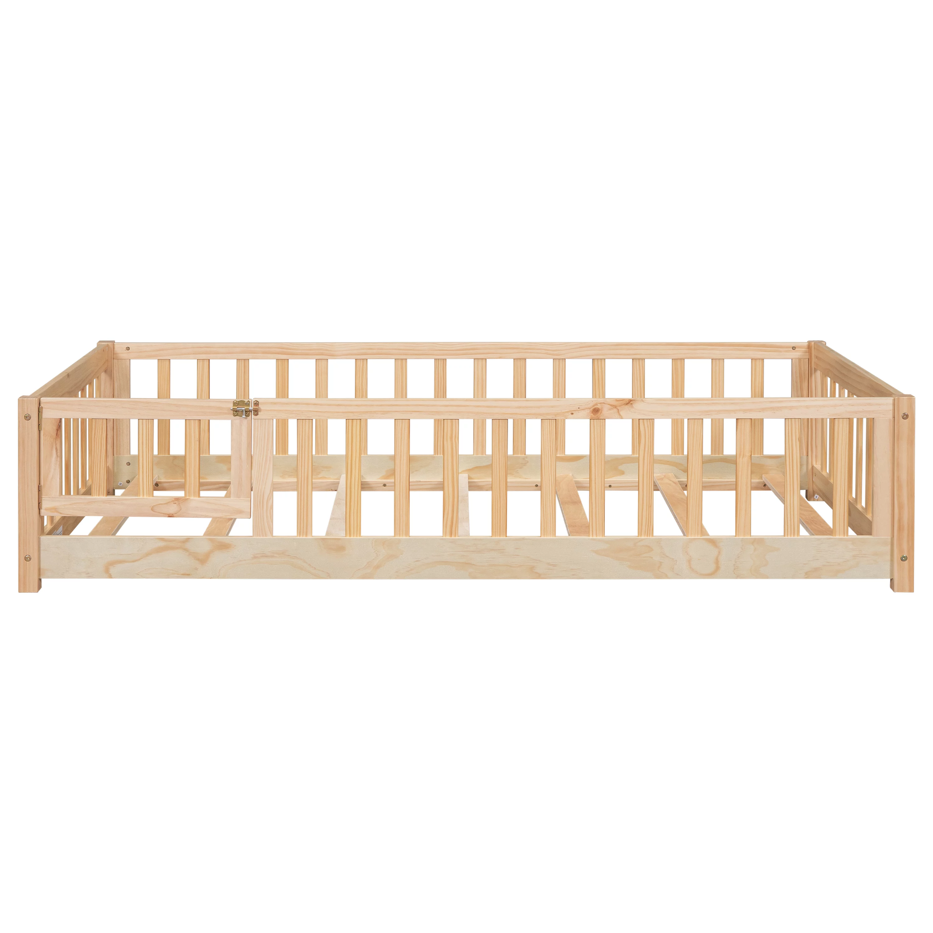 PAPROOS Twin Floor Bed Frame for Toddler, Wood Platform Bed with Wooden Slats, Fence and Door