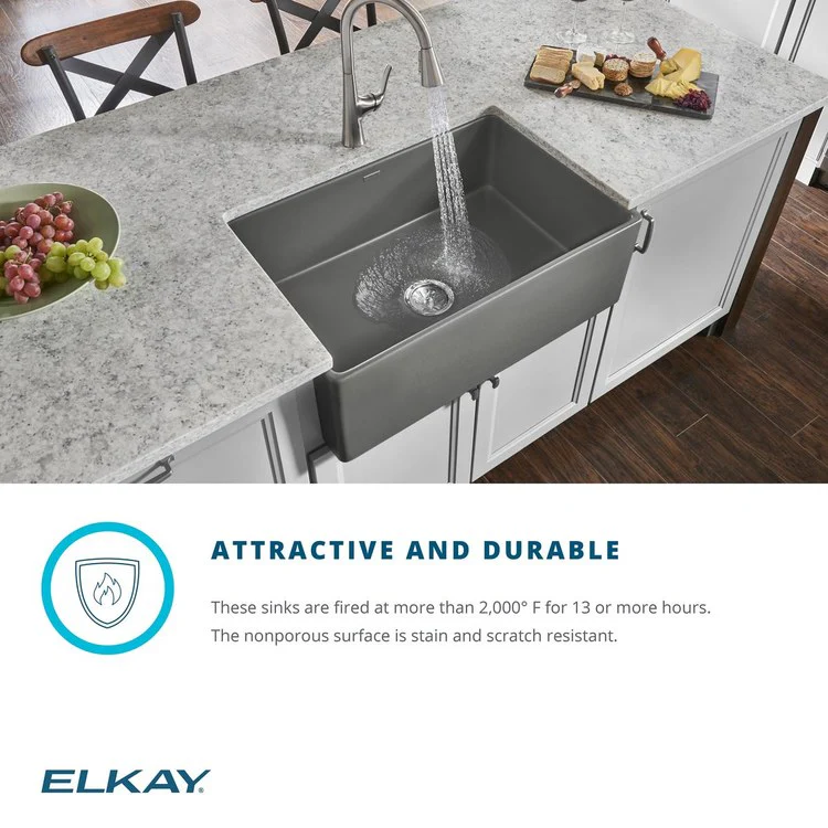 Kitchen Sink Fireclay 30 x 20 Inch Single Bowl Kit Apron Front Matte Gray Farmhouse Drain Location Center