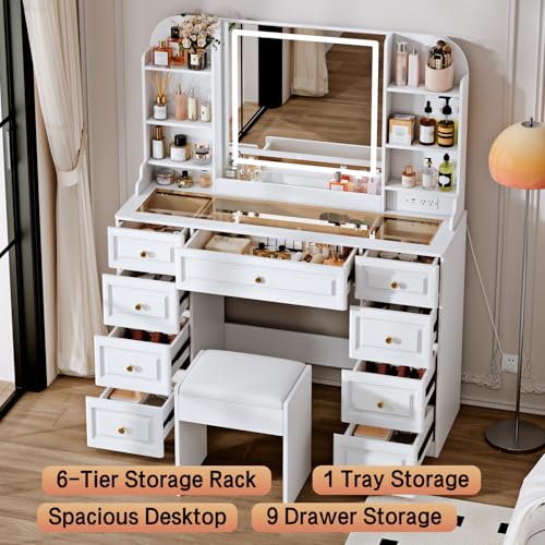 43" Makeup Vanity Desk with Mirror and Lights, & Power Outl, Glass Top Big Vanity Table with 9 Drawers& 8 Storage Shelves