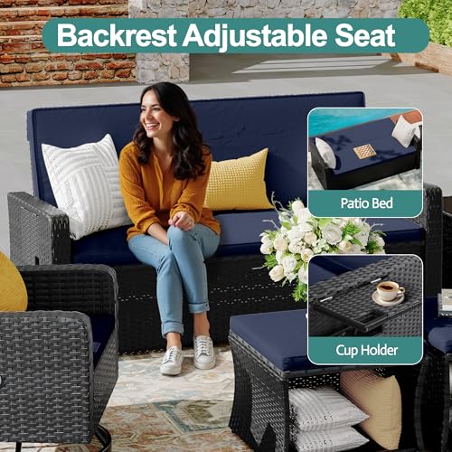 6 Piece Patio Furniture Set, Wicker Patio Conversation Sets with Swivel & Recline Chairs, Outdoor Sectional Sofa Sets with 2 Storage Ottoman
