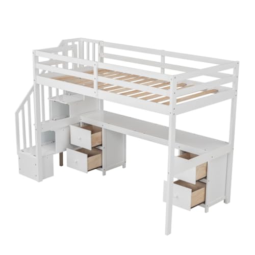 Loft Bed Twin Size, Twin Loft Bed with Desk and 2 Drawers, Storage Stairs, High Guardrail, Pine Frame, Space Saving, Wood Loft Bed for Bedroom (Gray)