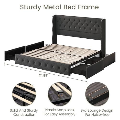 King Size Bed Frame with 4 Storage Drawers and Tufted Headboard Linen Upholstered Platform Bed Frame Wingback Beds with Wooden Slats Support