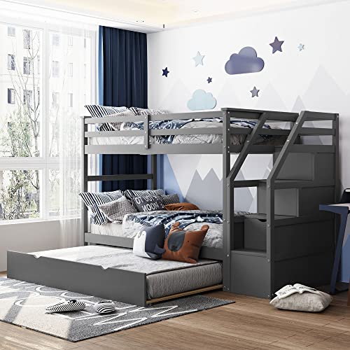 Harper & Bright Designs Twin Over Twin Bunk Bed with Trundle, Wood Bunk Bed with Storage Stairs for Kids Teens Adults (Walnut)