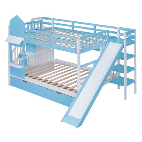 Full-Over-Full Castle Style Bunk Bed with 2 Drawers and 3 Shelves, Wood Bunk Bed Frame with Slide and Storage Staircase for Kids Teens Boys Girls
