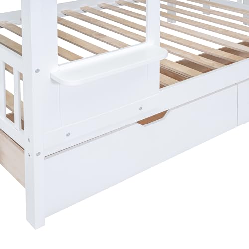 Full-Over-Full Castle Style Bunk Bed with 2 Drawers and 3 Shelves, Wood Bunk Bed Frame with Slide and Storage Staircase for Kids Teens Boys Girls