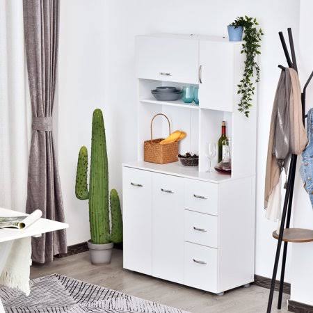 Maboto 66 inch Wood Kitchen Pantry Storage Cabinet Microwave Hutch with 4 Large Cabinets u0026 Sleek Modern Design - White