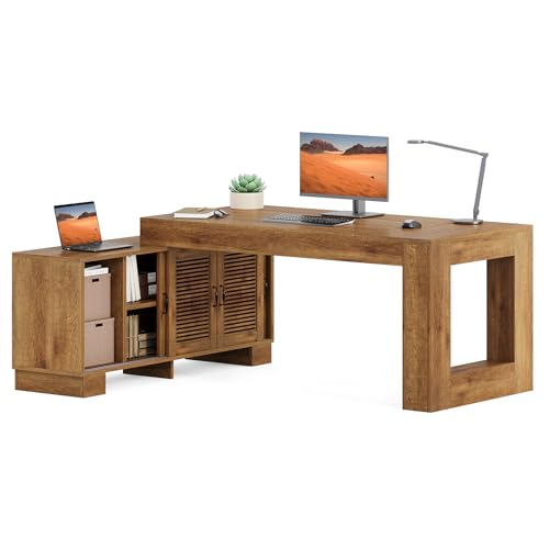 LITTLE TREE 63" L Shaped Executive Desk with Storage, Farmhouse Home Office Desk with 2-Tier Cabinets and Shelves