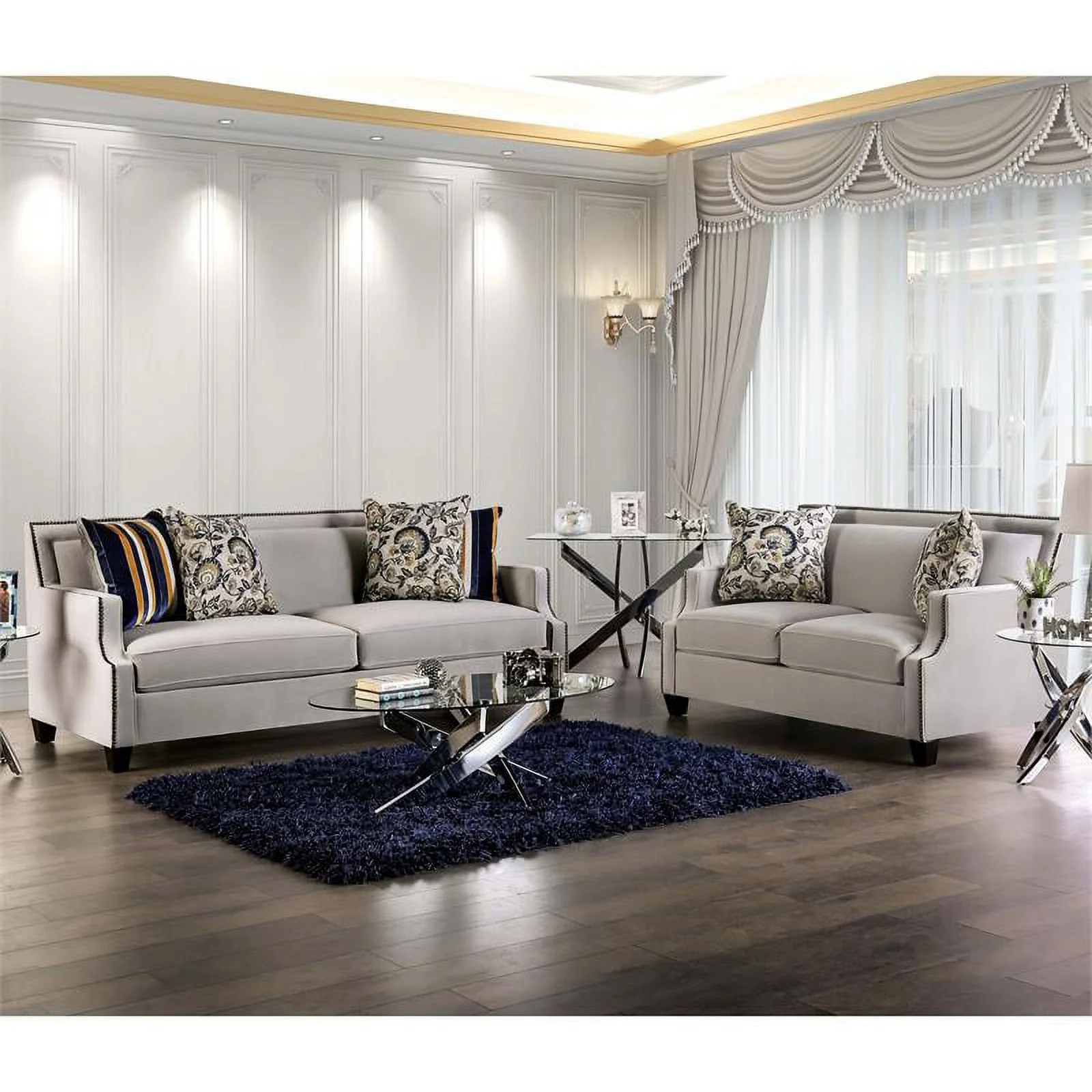 Furniture of America Brier Transitional Fabric Nailhead Sofa in Light Gray