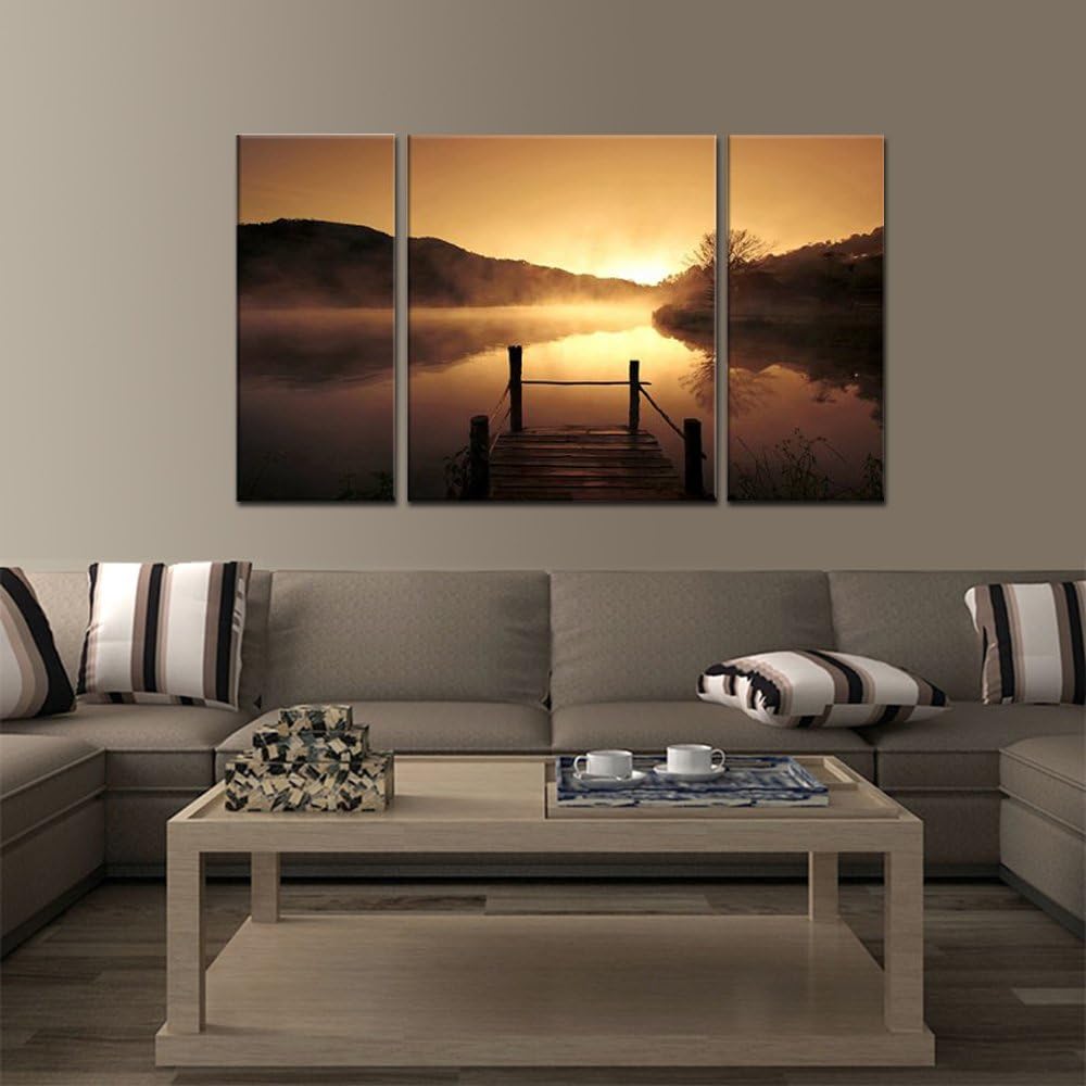 Wieco Art Canvas Prints Wall Art Sunset Beach Picture Paintings for Living Room Bedroom Decor Home Decorations Misty Lake 3 Piece Modern Stretched