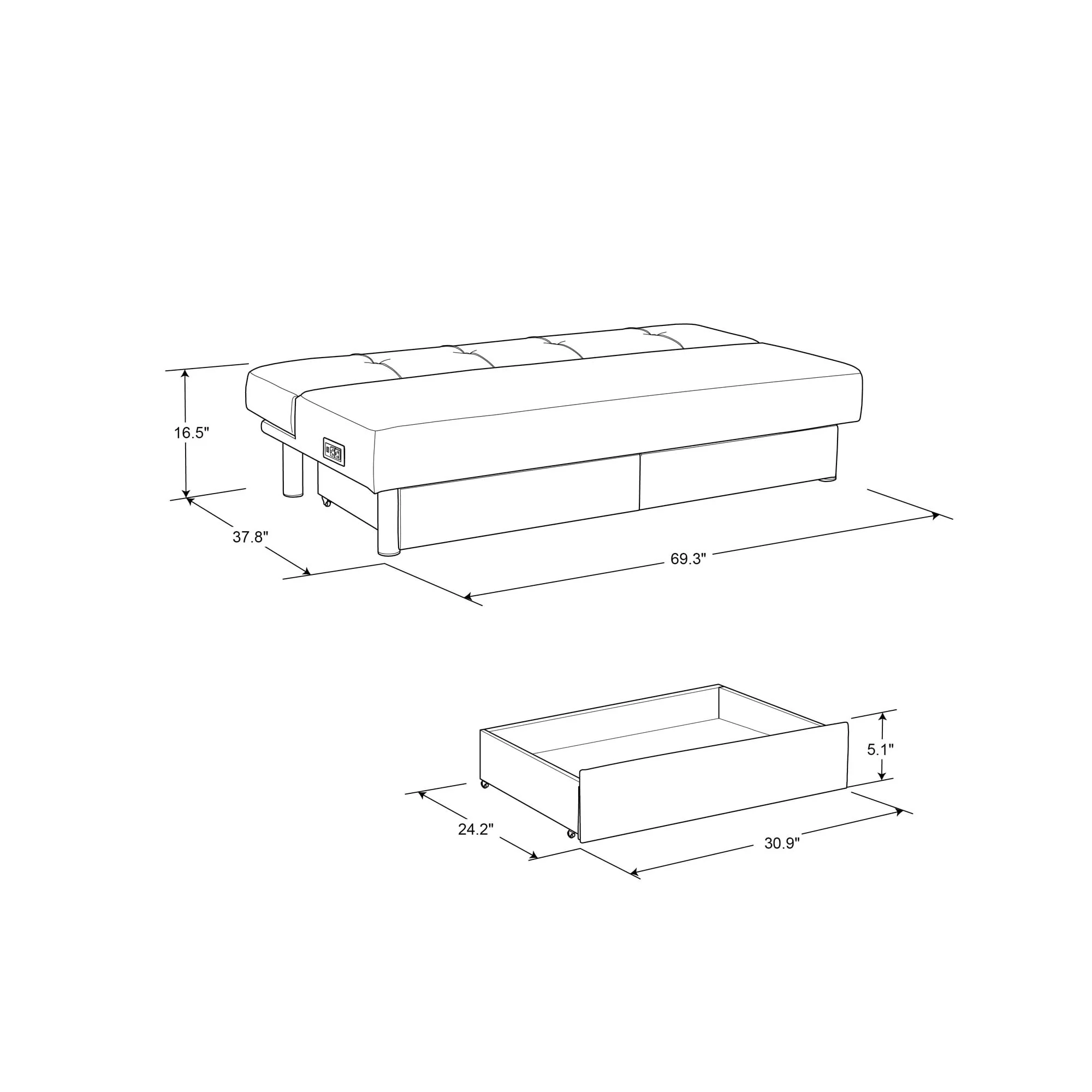 Serta Windsor Futon with Storage and Power, Gray Fabric