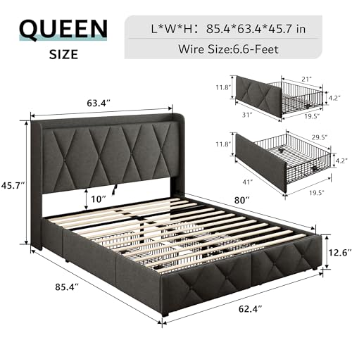 iPormis Queen Bed Frame with 4 Storage Drawers, Upholstered Platform Bed Frame with Charging Station, Modern Wingback Storage Headboard