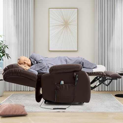 EDILLY Large Genuine Leather Power Lift Recliner Chairs for Elderly, Dual Motor with Massage and Heating,Double Lumbar Cushion and Extended Footrest