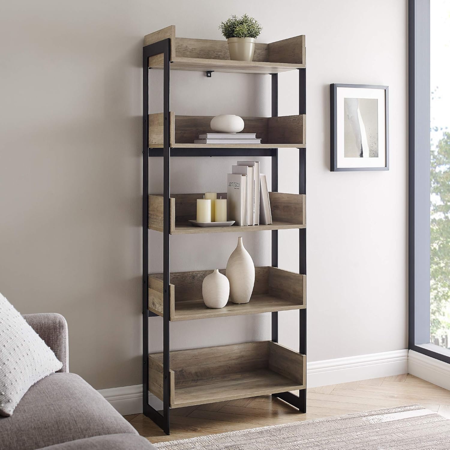 Walker Edison Addison Urban Industrial Metal and Wood 5-Shelf Bookcase, 64 Inch, Grey Wash