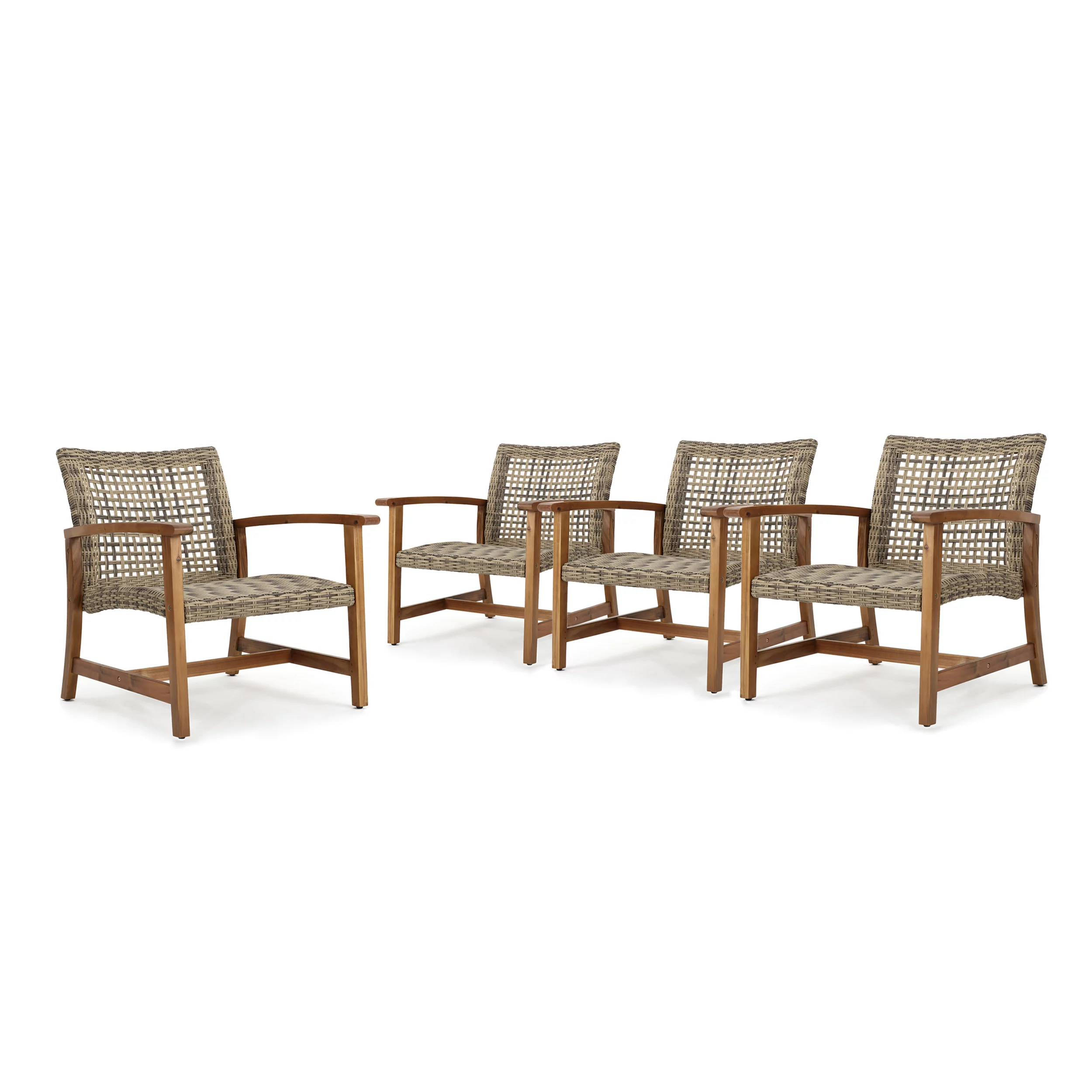 Outdoor Mid Century Wicker Club Chairs with Natural Stained Acacia Wood Frame, Grey