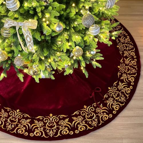 72-Inch Victorian Velvet Christmas Tree Skirt with Gold Damask Embroidery and Plush Lace Ties, Burgundy