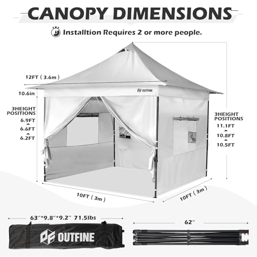 OUTFINE Heavy Duty Canopy 10x10 Pop Up Commercial Canopy Tent with 3 Side Walls Instant Shade, Bonus Upgrade Roller Bag, 4 Weight Bags