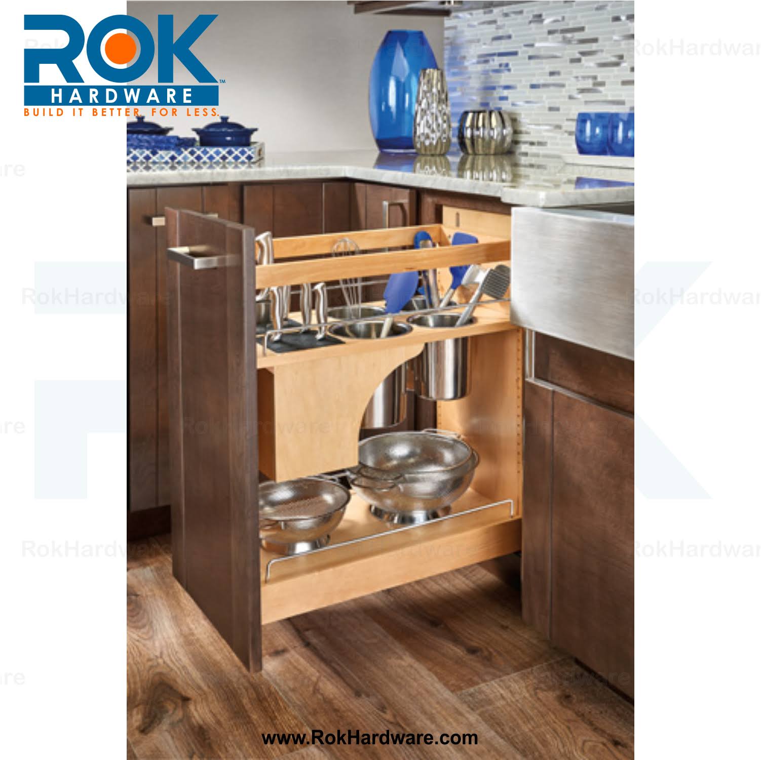 Rev-A-Shelf 2 Tier Base Cabinet Pullout Utensil Organizer with Soft Close, Chrome / Maple, Steel