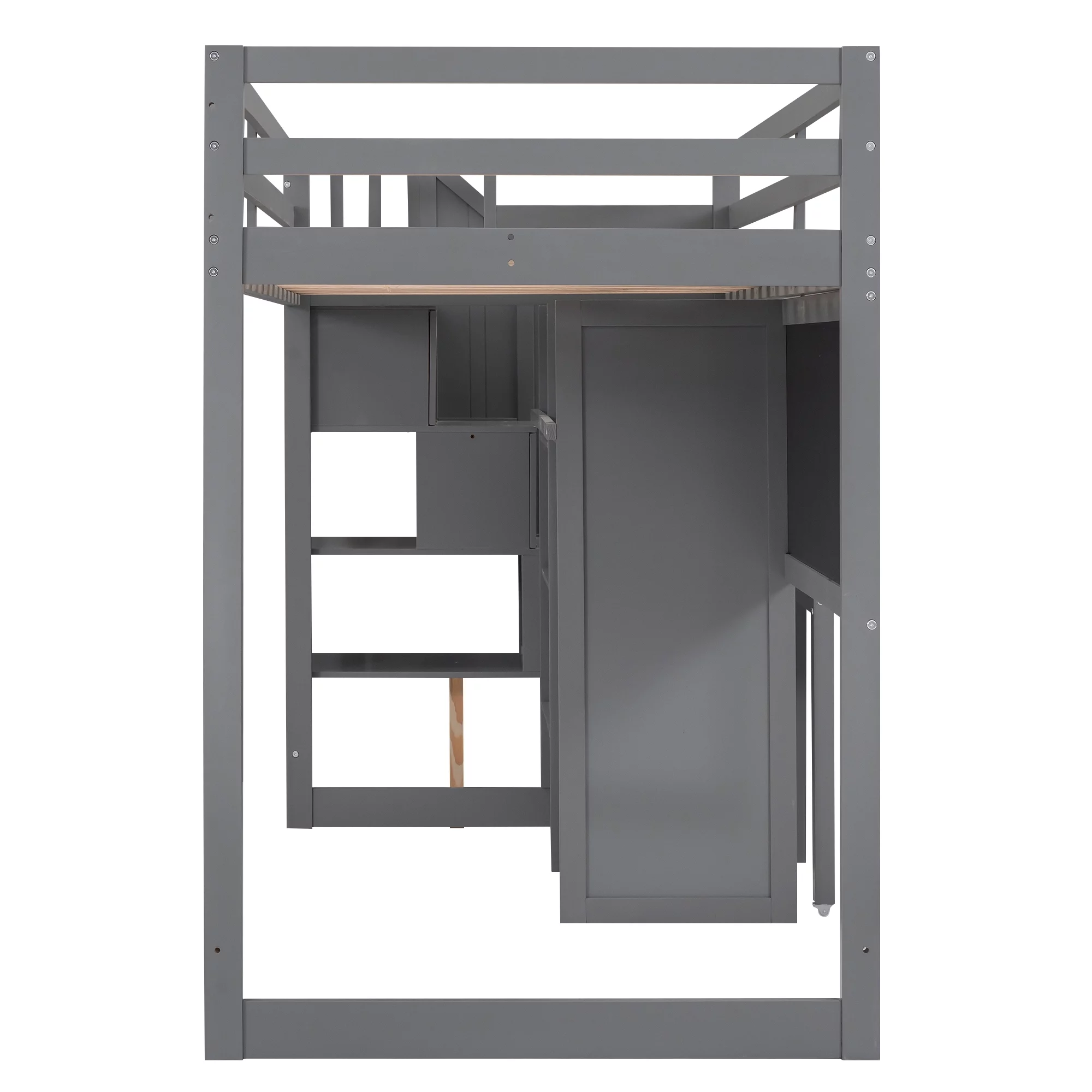 Churanty Twin Size Loft Bed with Pullable Desk and Storage, Wood Loft Bed with Staircase and Blackboard for Kids Teens Adults,Grey