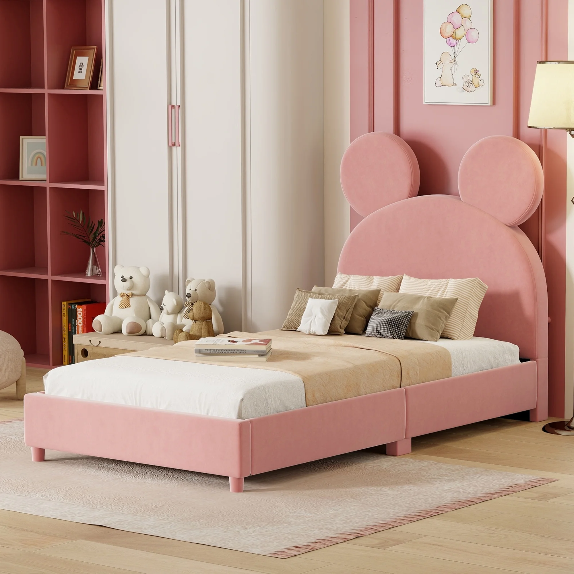 uhomepro Upholstered Twin Size Bed Frame, Platform Bed Frame with Upholstered Bear Ear Shaped Headboard, Wood Slat Support, No Box Spring Needed, Pink
