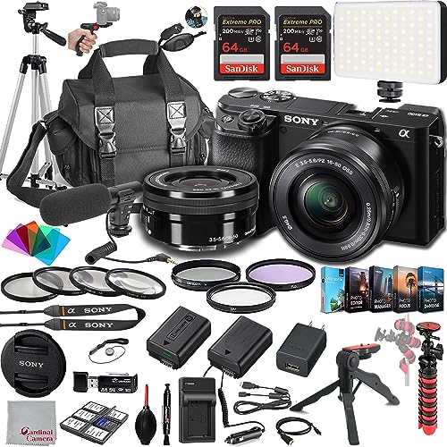 Sony a6100 Mirrorless Camera with 16-50mm Lens, 128GB Extreem Speed Memory,Microphone, 120LED Video Light, Tripod, Filters, Hood, Grip