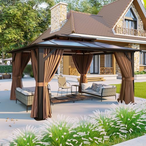 Aoxun 12'x10' Hardtop Gazebo, Aluminum Frame Permanent Pavilion with Curtains and Netting, Outdoor Polycarbonate Double Roof Canopy